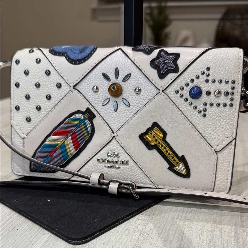 Coach Canyon Quilt White Crossbody Bag with Embellishments-EUC